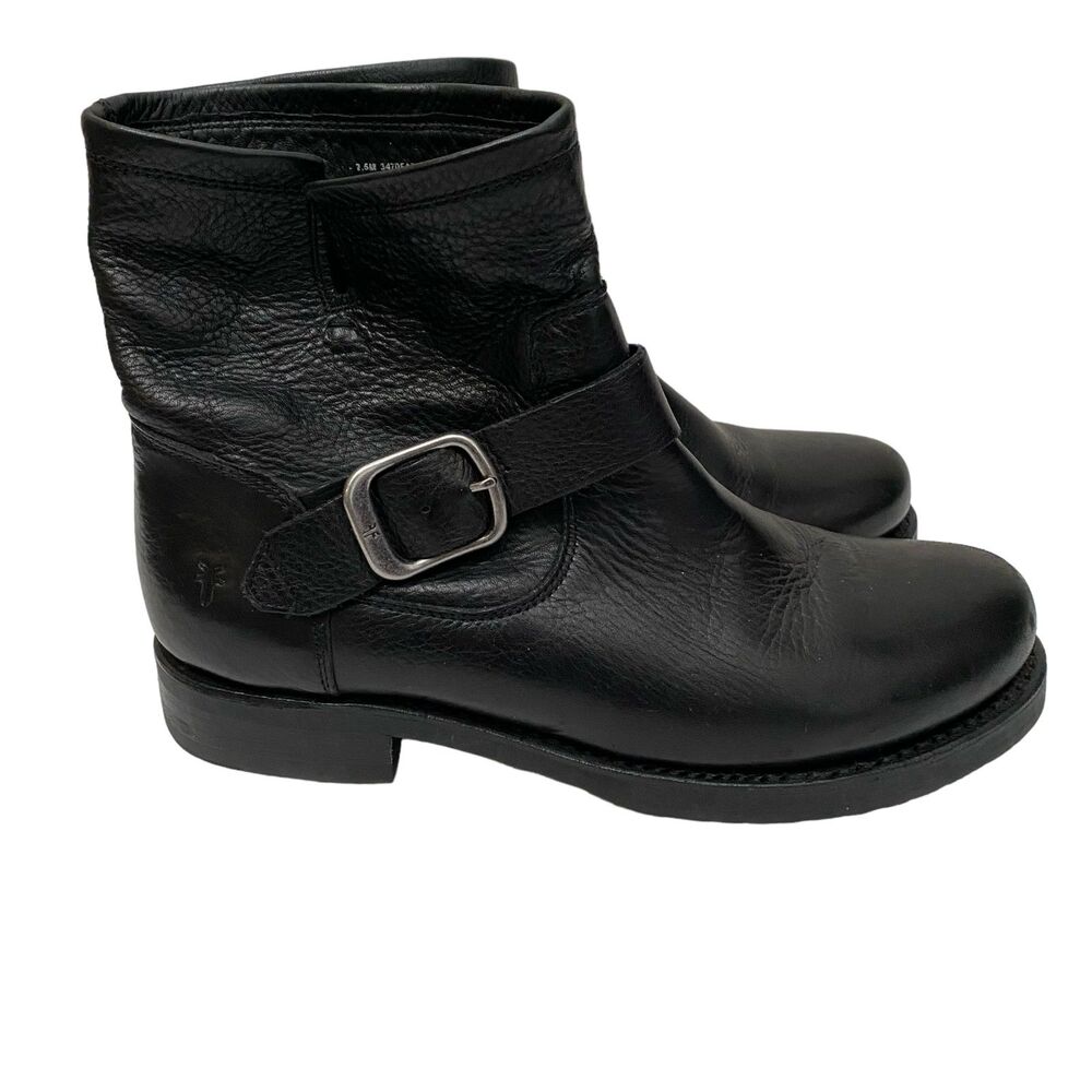 FRYE Veronica Black Leather Short Moto Bootie Buckled Strap Size 7.5